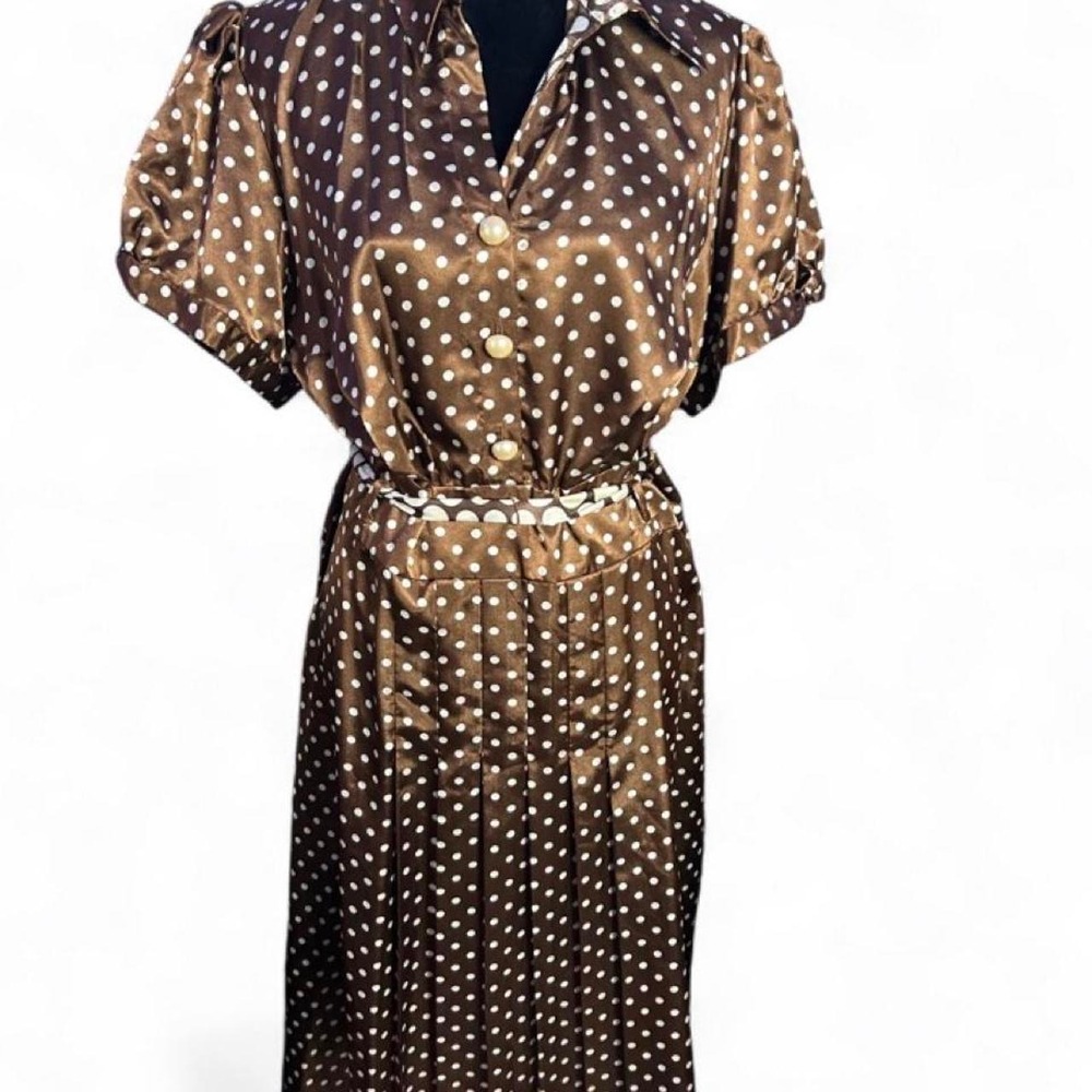 Signature Bobby Bee Brown & white polka dot polyester midi dress
